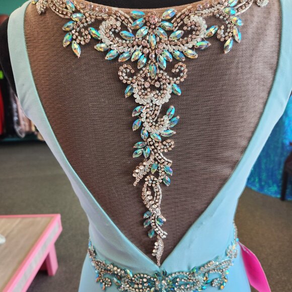 Envious 17119 Size 6 Aqua/Ivory Jersey Knit Print Prom Dress Evening Formal - Picture 7 of 9